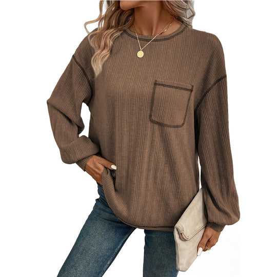 Damen Bequemer Langarm-Shirt mit Rippenstruktur und Brusttasche R&B