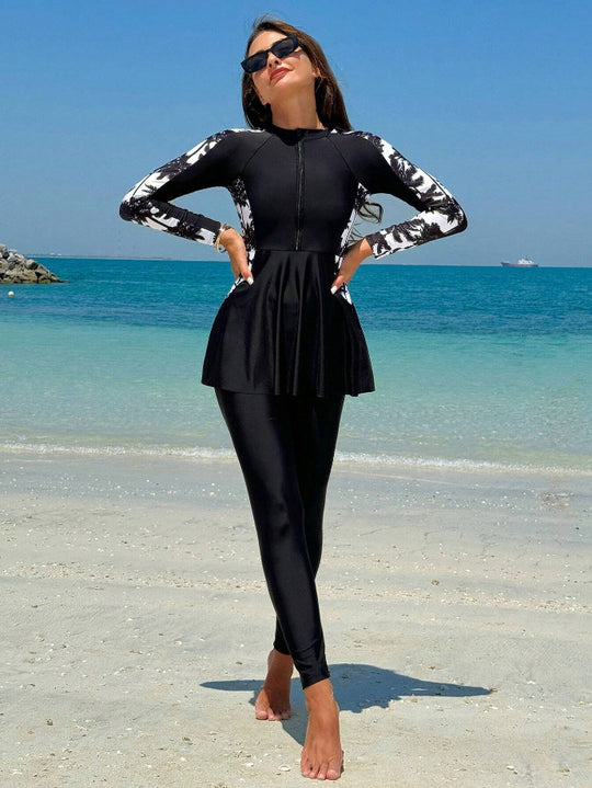Damen Modischer UV-Schutz Surfanzug mit Peplum-Design R&B