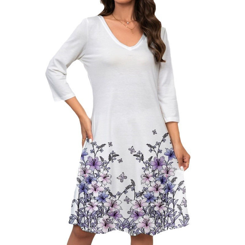 Damen V-Ausschnitt Sommerkleid mit floralem Aquarell-Design und ¾-Ärmeln R&B