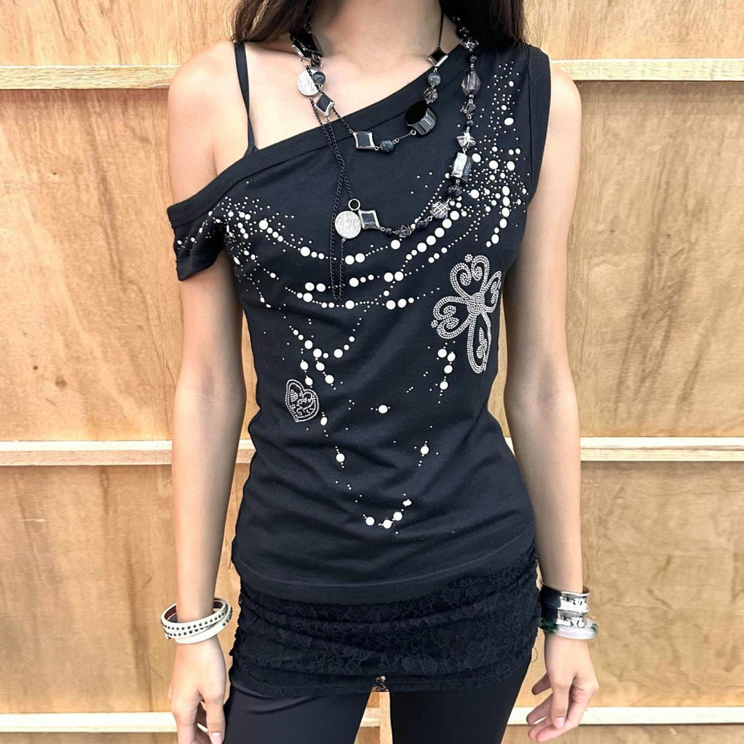 Damen asymmetrisches Tanktop mit stylischem Druck und verzierten Applikationen R&B