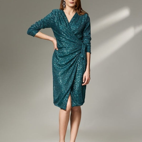 Damen Glamouröses Pailletten-Kleid mit Wickeloptik und langen Ärmeln R&B