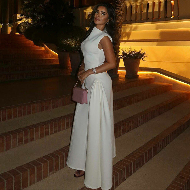 Damen Maxi-Abendkleid mit elegantem Stehkragen und schwingendem Rock R&B