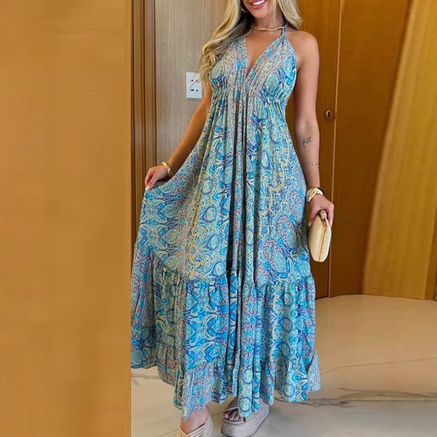 Damen Maxikleid mit tiefem V-Ausschnitt und fließendem Stoff R&B
