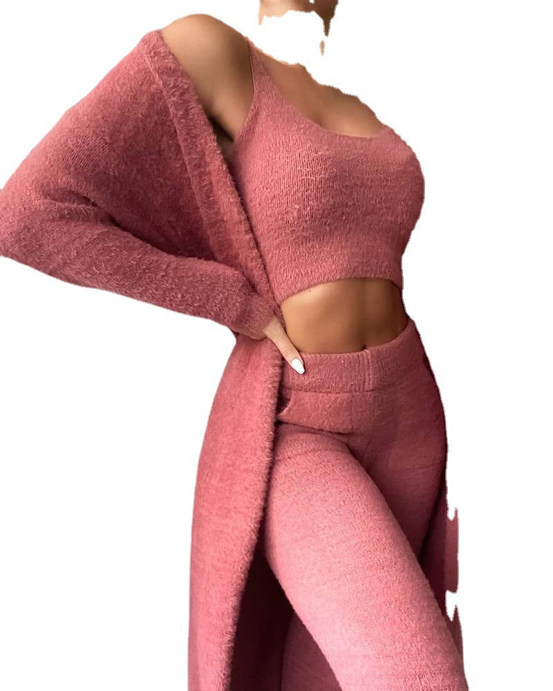 Damen gemütliches Lounge-Set aus feinem Fleece mit offenem Cardigan und Crop-Top
