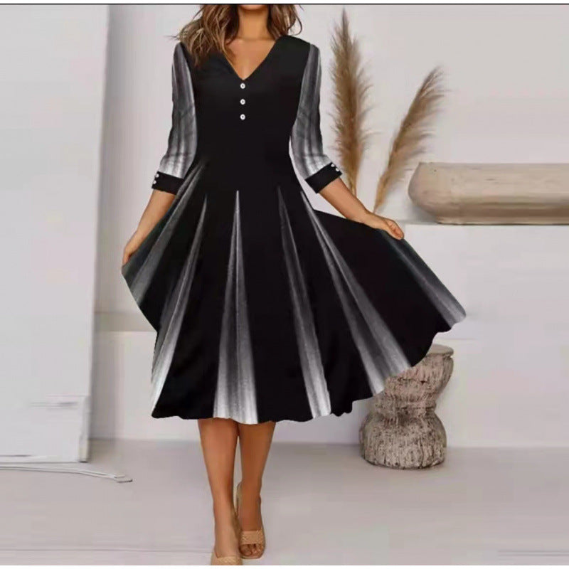 Damen V-Ausschnitt Midi-Kleid mit fließendem Rock und floralem Ärmeldesign R&B