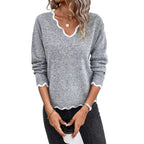 Damen lässiger Strickpullover mit gewelltem V-Ausschnitt und kontrastierenden Abschlüssen