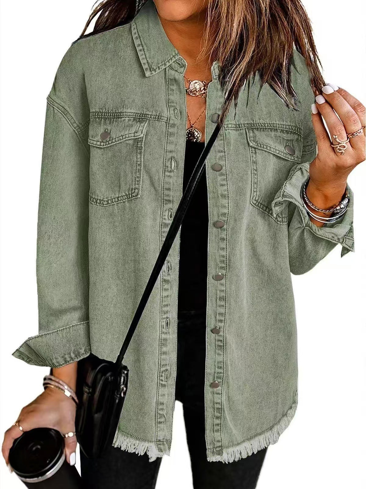 Damen Oversized Jeanshemd mit Fransen R&B
