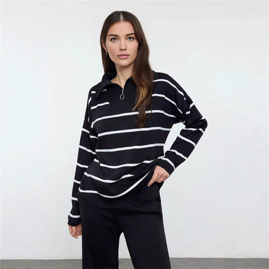 Damen lässiger Strickpullover mit halbem Reißverschluss und weitem Schnitt R&B