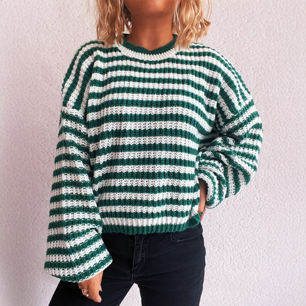 Damen lässiger Strickpullover mit breiten Streifen R&B