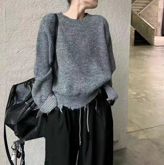 Damen Grob gestrickter Pullover mit einzigartigen Kontrastarmabschlüssen und lässigem Schnitt R&B