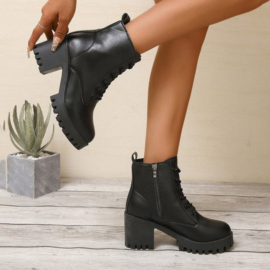 Damen High-Top Stiefeletten mit robustem Blockabsatz und Schnürung R&B