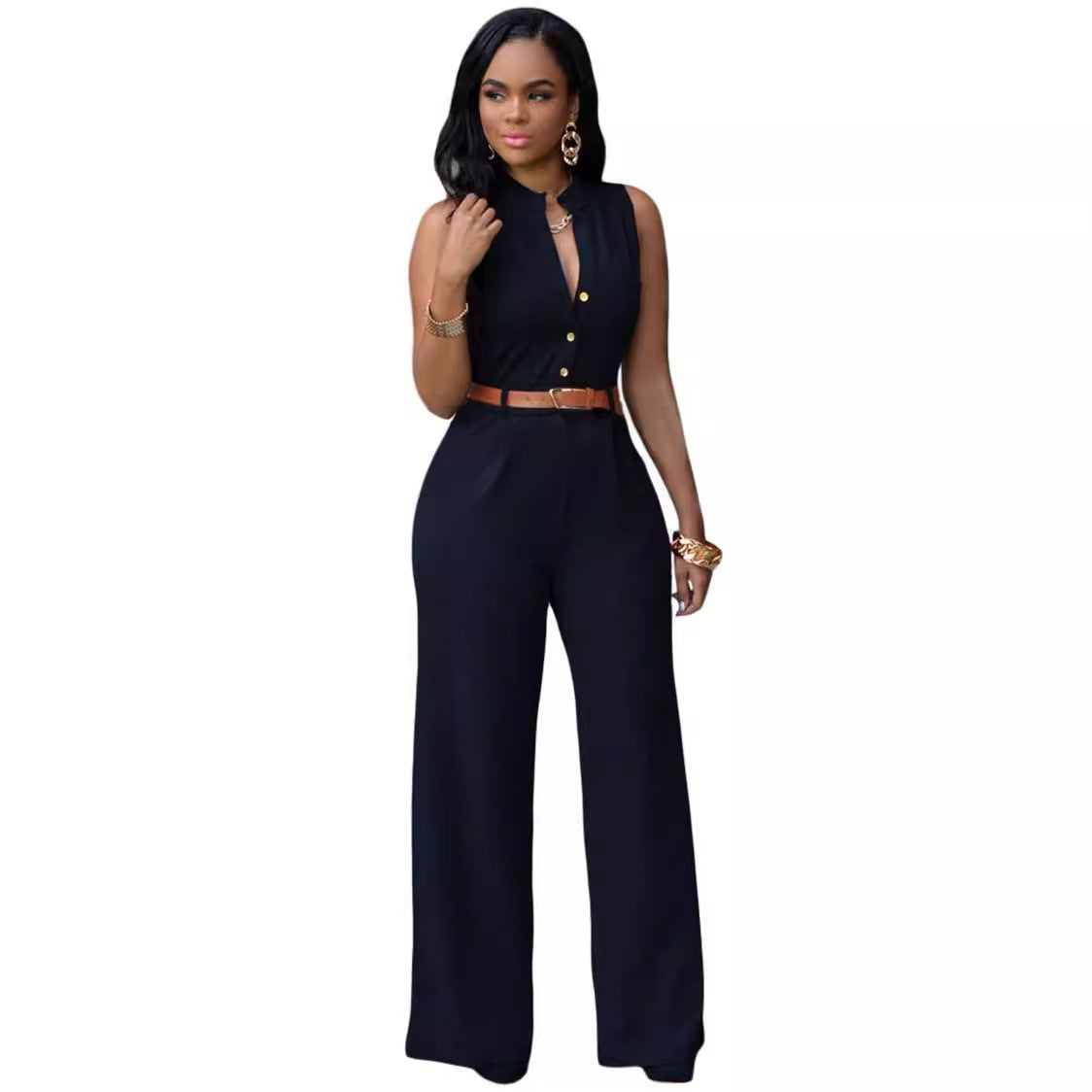 Damen Eleganter Jumpsuit mit Gürtel und Knopfdetail R&B