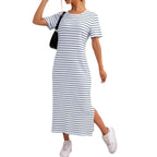 Damen Maxikleid mit seitlichen Schlitzen und gestreiftem Design R&B