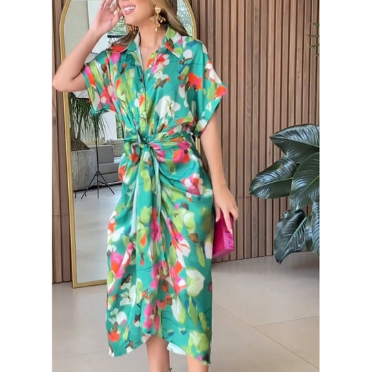 Damen luftiger Kaftan mit floralem Design und dekorativem Knoten R&B