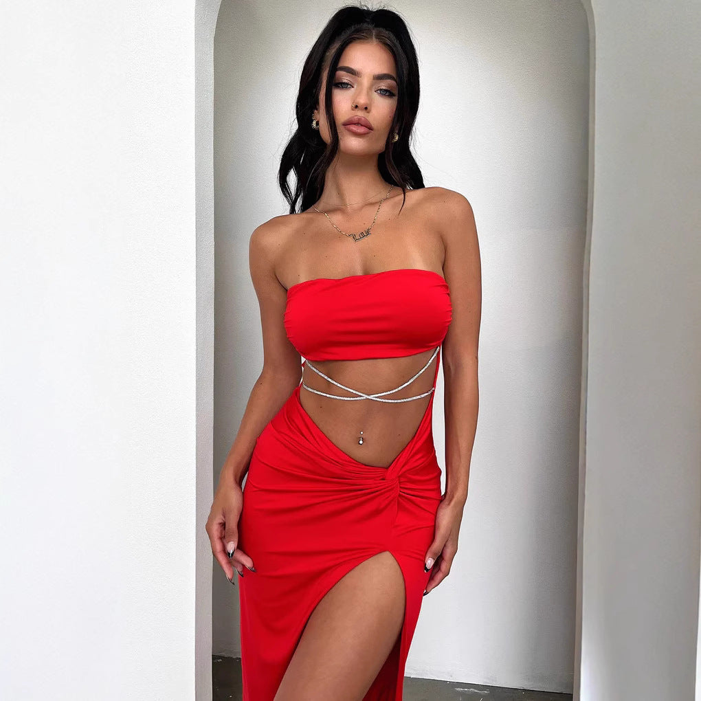 Damen Elegantes bandeau Maxikleid mit hohem Schlitz und glänzenden Details R&B