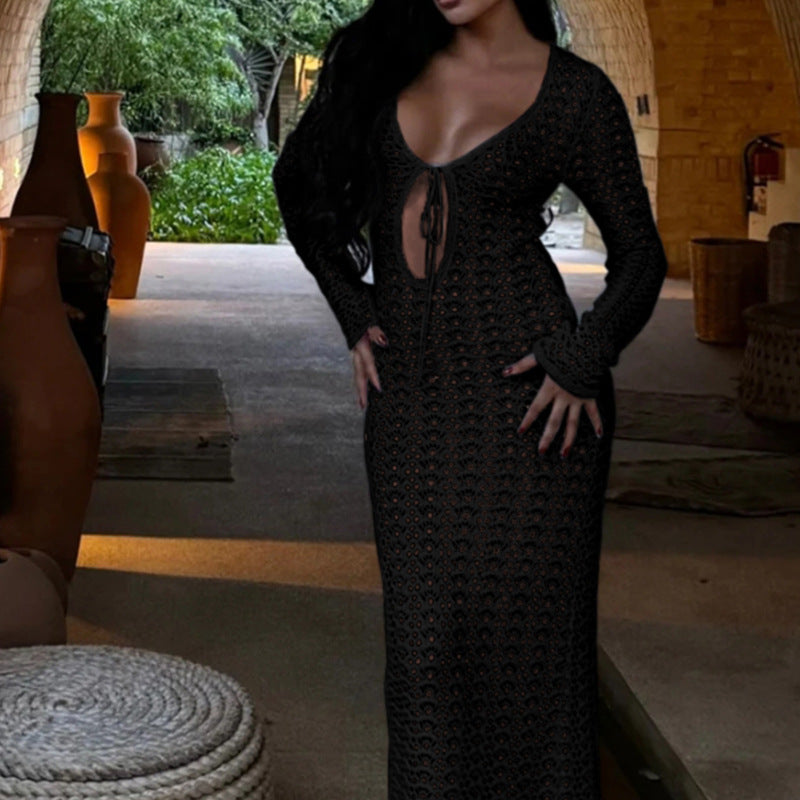 Damen luftiges Häkel-Strandkleid mit V-Ausschnitt und Schnüroptik R&B