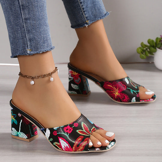 Damen Designermules mit floralem Musterdruck und Blockabsatz R&B