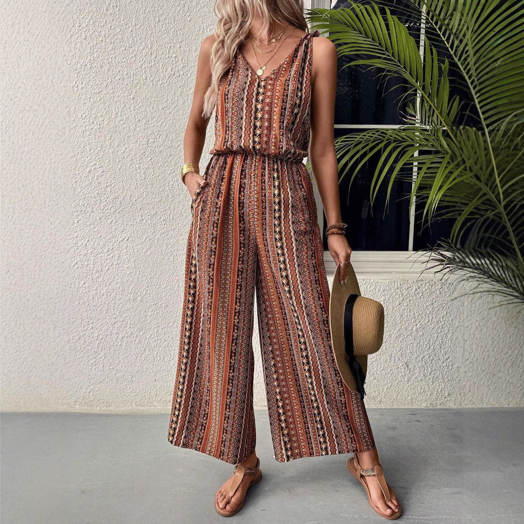 Damen Jumpsuit mit weitem Bein und V-Ausschnitt R&B