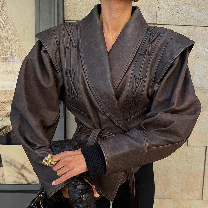 Damen Modische Bikerjacke mitTaillengürtel und dekorativen Nähten R&B