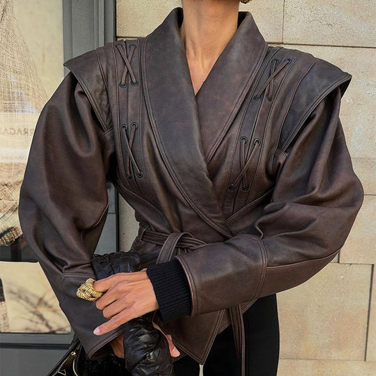 Damen Modische Bikerjacke mitTaillengürtel und dekorativen Nähten R&B