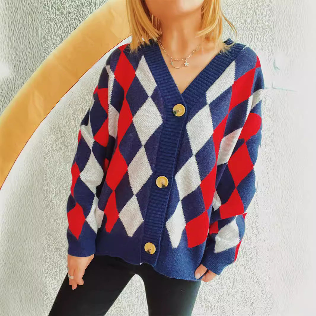 Damen lässige Strickjacke im Rauten-Muster mit goldenen Knöpfen R&B