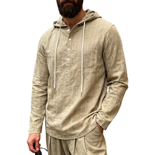 Herren nan Kapuzenshirt aus Leinenmix mit halber Knopfleiste und Nadelstreifen R&B