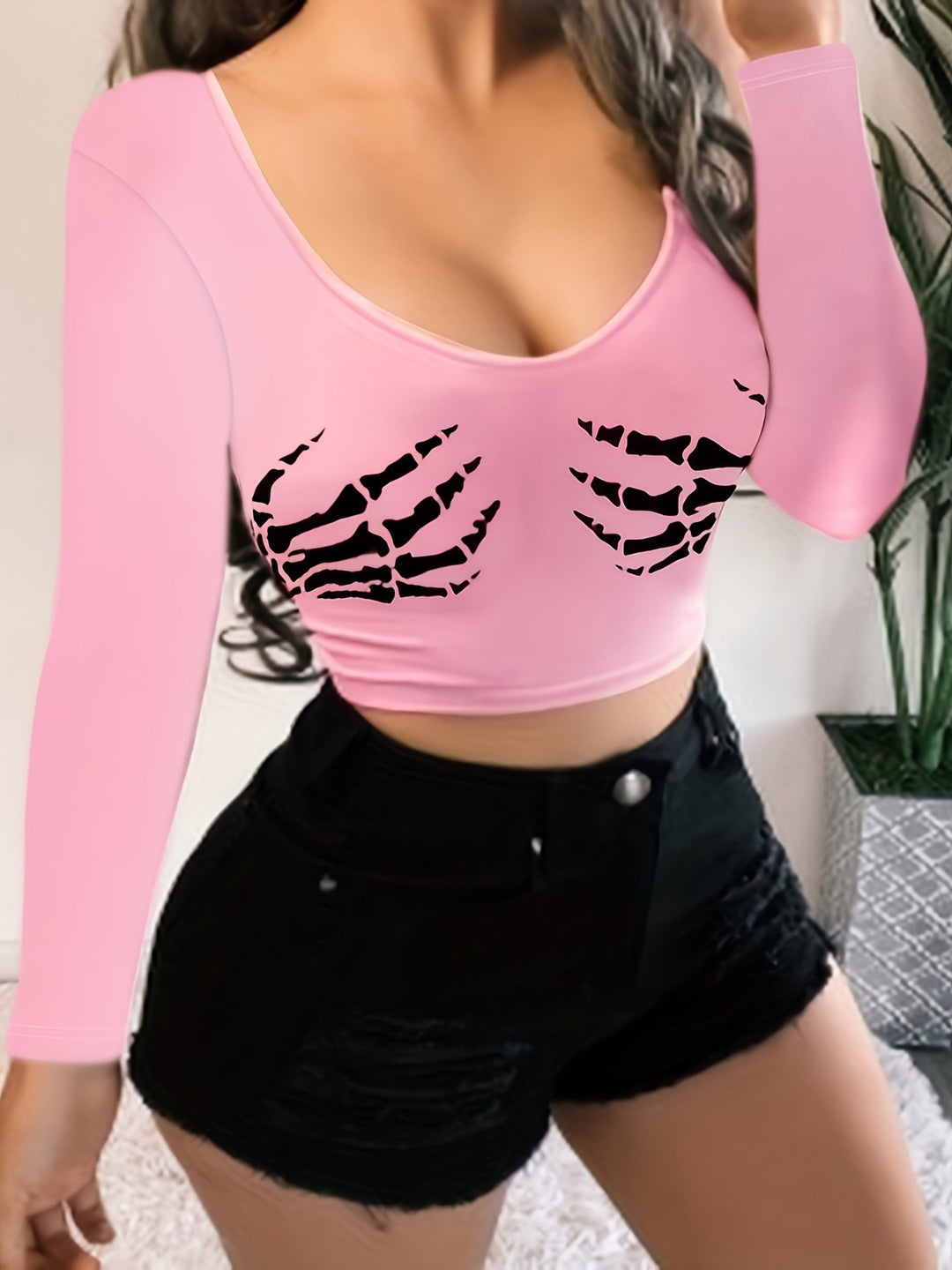 Damen Crop-Top mit Skelettdruck und langen Ärmeln R&B
