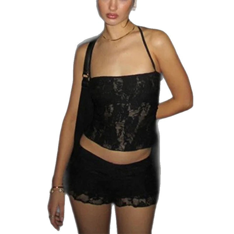Damen Spitzencrop-Top mit gewelltem Rock R&B