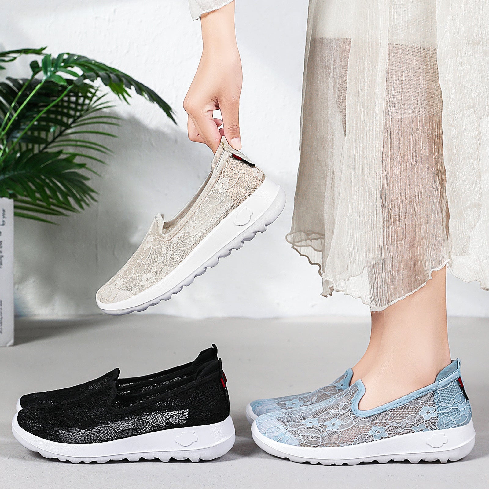 Damen Slip-On Freizeitschuhe mit floraler Spitze R&B