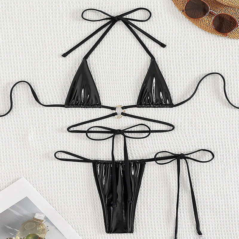Damen sexy Triangel-Bikini-Set mit verstellbaren Trägern und modischem Ringdetail R&B