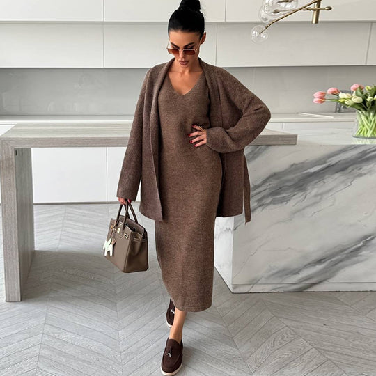 Damen elegantes Strick-Ensemble mit Wickeljacke und Bleistiftrock R&B