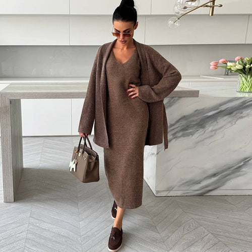 Damen elegantes Strick-Ensemble mit Wickeljacke und Bleistiftrock R&B
