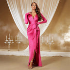 Damen Elegantes Langarm-Maxikleid mit tiefem V-Ausschnitt und seitlichem Schlitz R&B