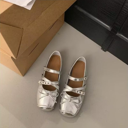 Damen Ballerina-Schuhe mit dekorativen Doppelschnallen und modischen Schleifen R&B