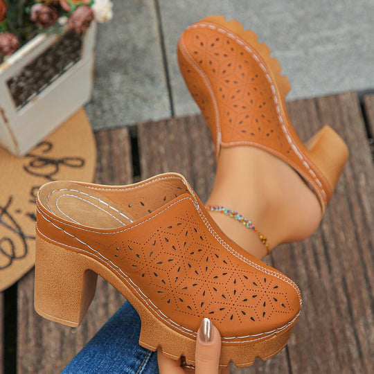 Damen Offene Clogs mit floralem Cut-Out Design und klobigem Absatz R&B