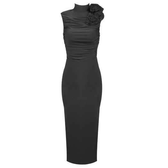 Damen figurbetontes Abendkleid mit asymmetrischem Kragen und floraler Applikation R&B