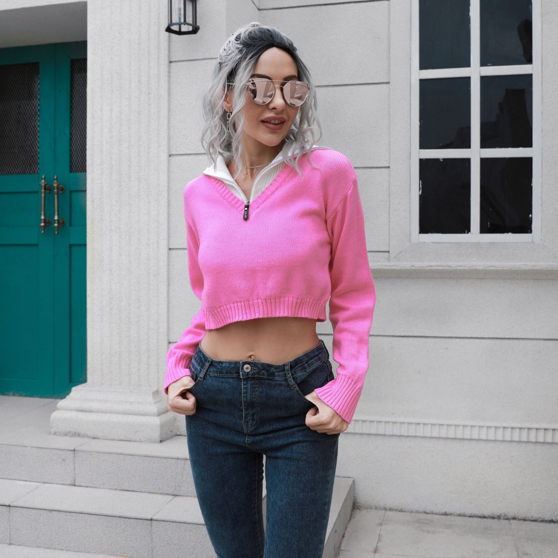 Damen Cropped Pullover mit hohem Kragen und verdecktem Reißverschluss R&B