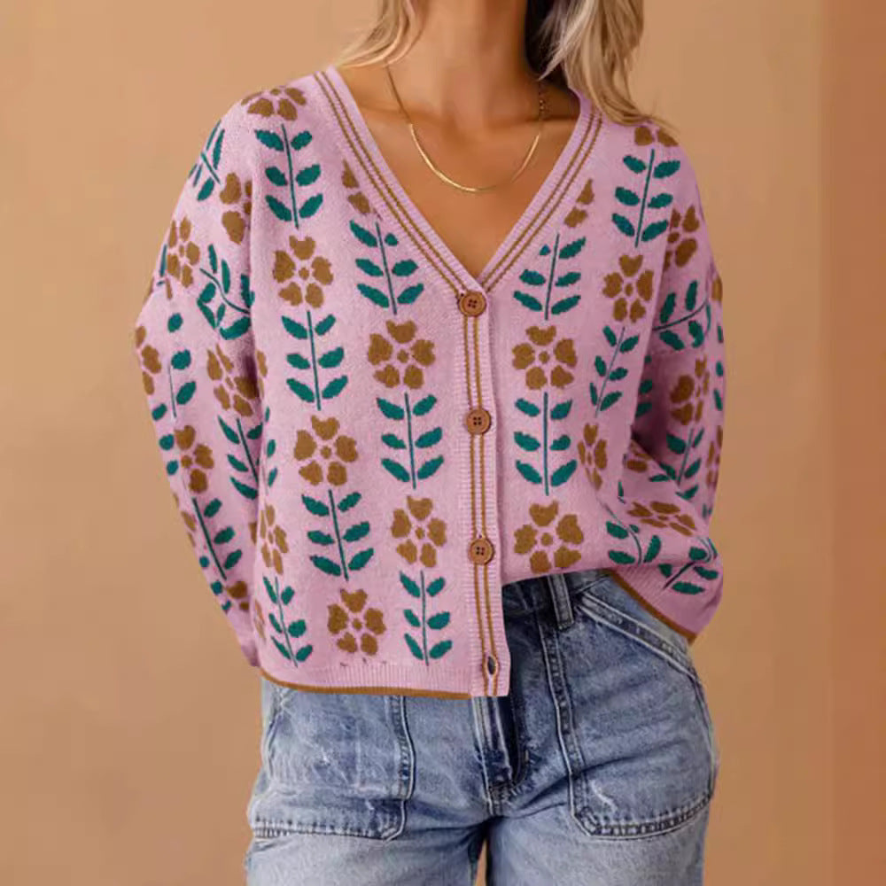 Damen Strickjacke mit floralem Design und Knopfdetails R&B