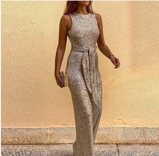 Damen Glitzerndes Maxi-Kleid mit Taillengürtel und elegantem Schnitt R&B