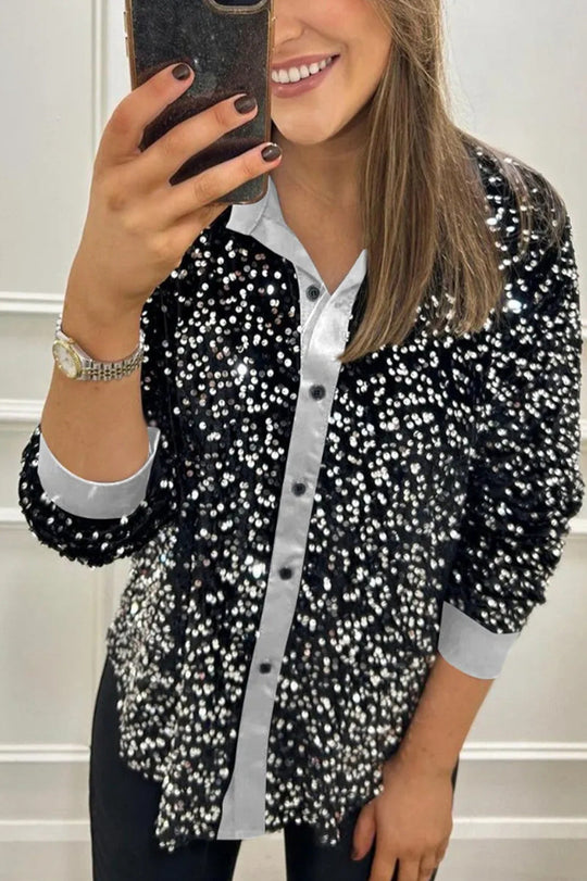 Damen nan glitzernde Pailletten-Hemdbluse mit Kragen, Knopfleiste und elastischen Manschetten R&B