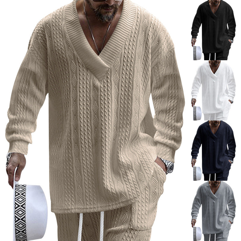 Herren nan oversized Kabelstrick V-Ausschnitt Pullover mit Relaxhose Set R&B
