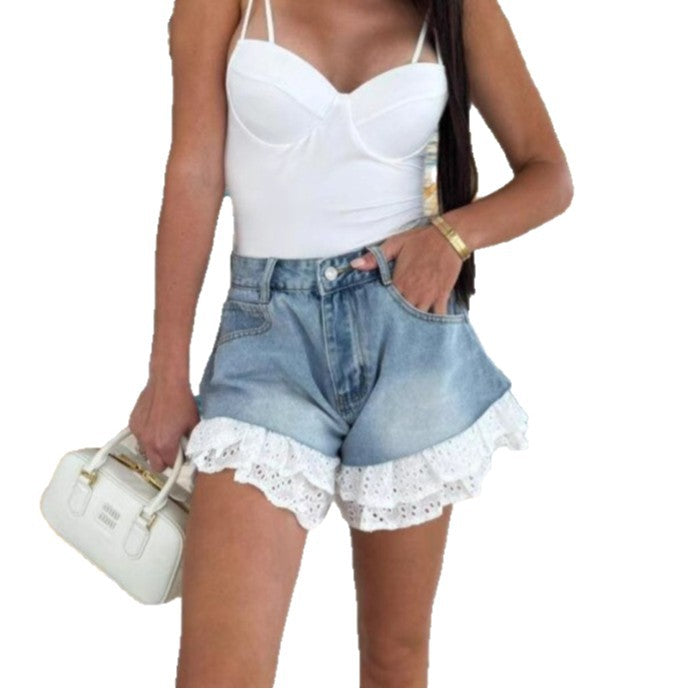 Damen Denim-Shorts mit dekorativem Spitzenrand und hohem Taillenbund R&B