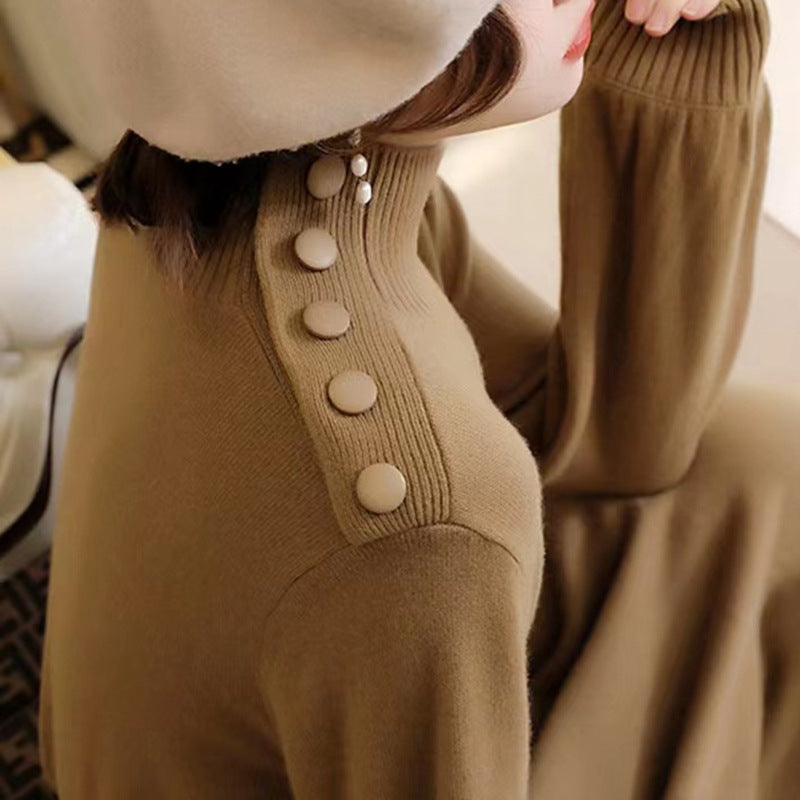 Damen Elegantes Strickmaxikleid mit hochgeschlossenem Kragen und dekorativen Knöpfen R&B