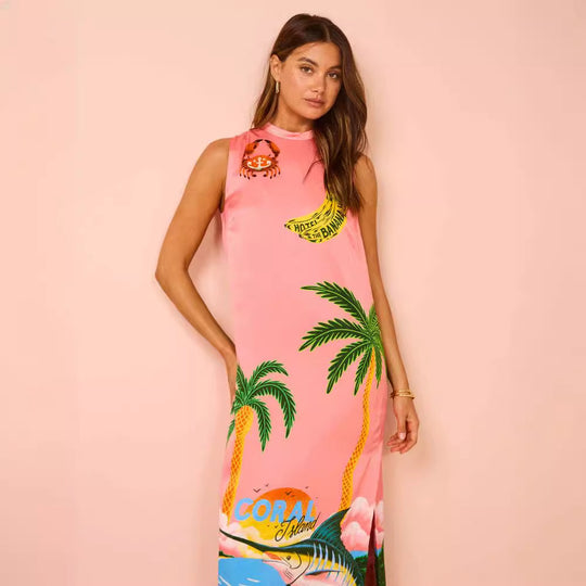 Damen Maxikleid mit buntem Tropenmotiv und lässigem Schnitt R&B