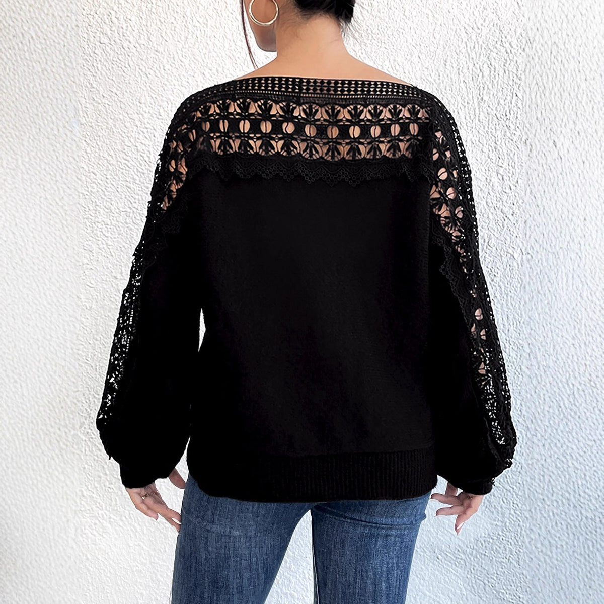 Damen lässiger Pullover mit einzigartigem Häkel-Ausschnitt R&B