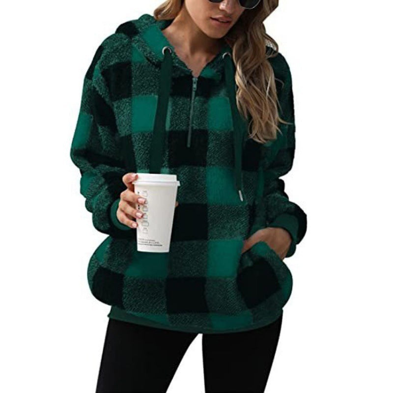 Damen kuschelige Karo-Hoodiejacke mit Reißverschluss und Kängurutasche R&B