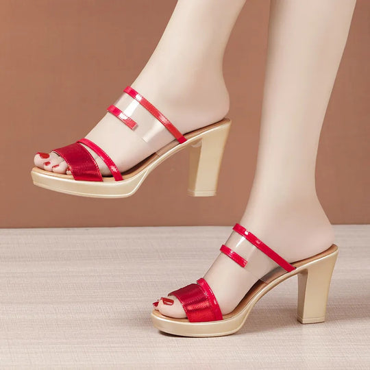 Damen modische Sandalen mit elegantem Blockabsatz und transparenten Riemen R&B
