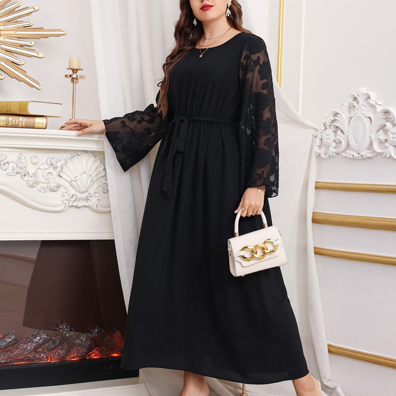 Damen Maxikleid mit transparenten Ärmel und eleganter Taillenbindung R&B