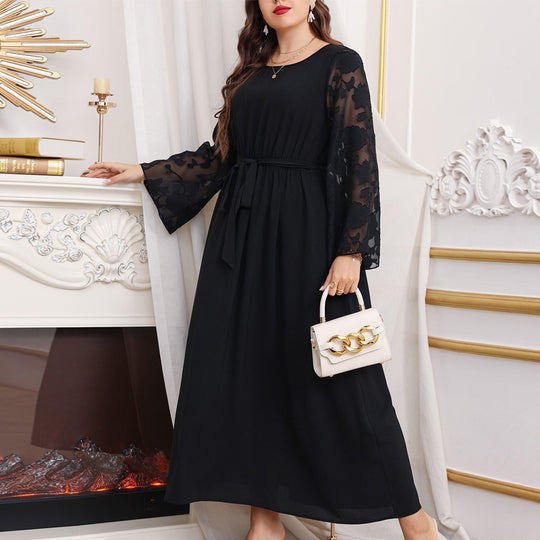 Damen Maxikleid mit transparenten Ärmel und eleganter Taillenbindung R&B