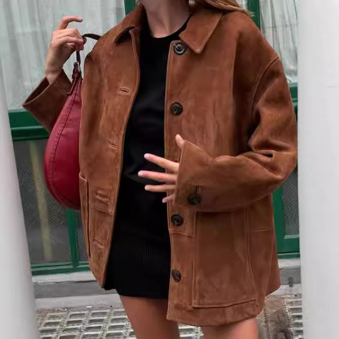 Damen Oversized Wildlederjacke mit Knopfdetails R&B